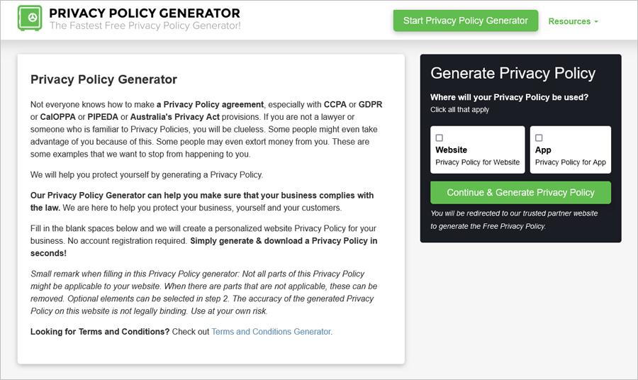 PrivacyPolicyGenerator.info free Generator